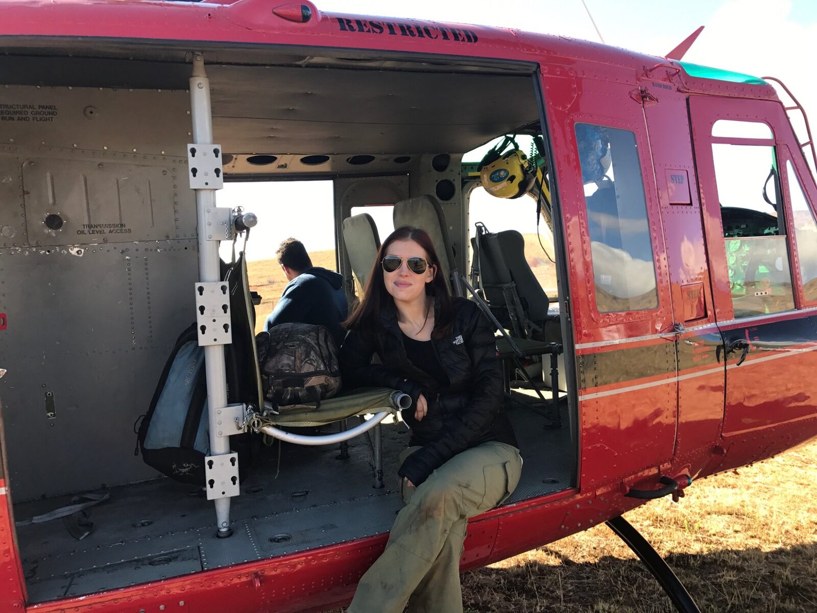 Rachael in helicopter on location